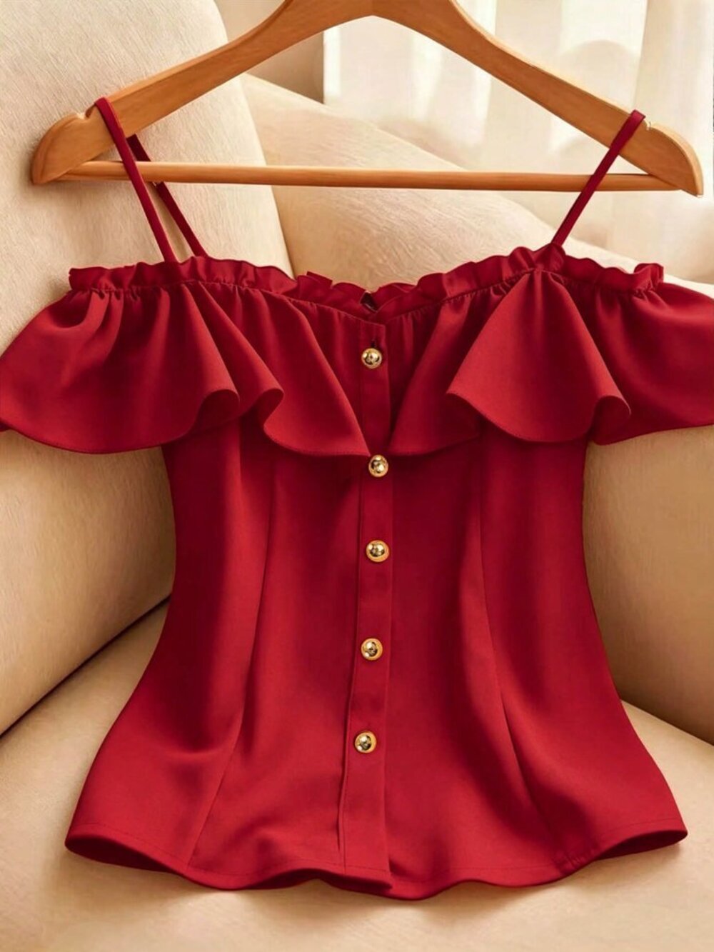 Red Elegant Women's Ruffle Trim Off-Shoulder Single-Breasted Blouse